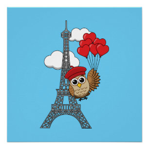 Póster Lechuza volando con globos cardíacos en París