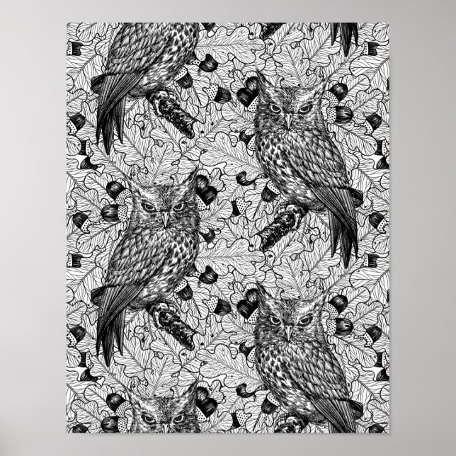 Póster Lechuzas en el roble, negro y blanco (Frente)