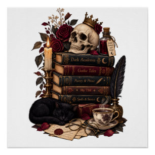 Póster Lector gótico de literatura Calavera y rosas