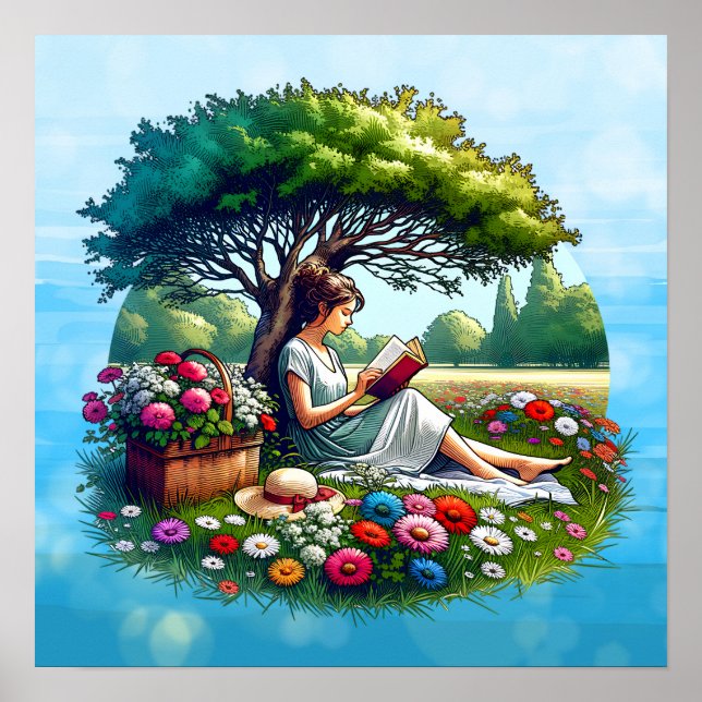 Póster Lectura chica bajo un árbol rodeado de flores (Frente)