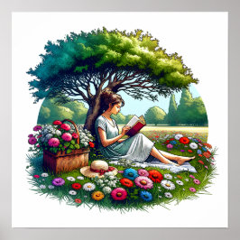 Póster Lectura chica bajo un árbol rodeado de flores