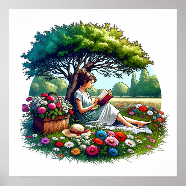 Póster Lectura chica bajo un árbol rodeado de flores (Frente)