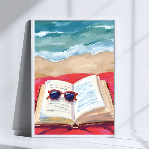 Póster Lectura de playa Pintura en acuarela de olas del