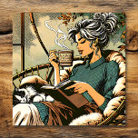 Póster Lecturas de dama acogedoras con tarjeta de café y<br><div class="desc">Una dama de bonito relajándose en su acogedora silla Papasan leyendo un libro,  tomando café con un lindo gato negro y blanco durmiendo en su regazo.</div>