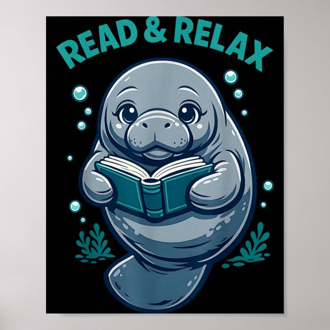 Póster Lee y relaja lector libro biblioteca manatíes mar (Frente)