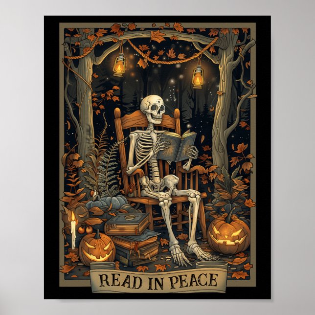 Póster Leer en paz Skeleton Halloween Leer Libros Prohibi (Frente)