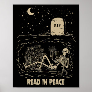 Póster Leer en paz Skeleton Leer libros Graciosos Hallowe