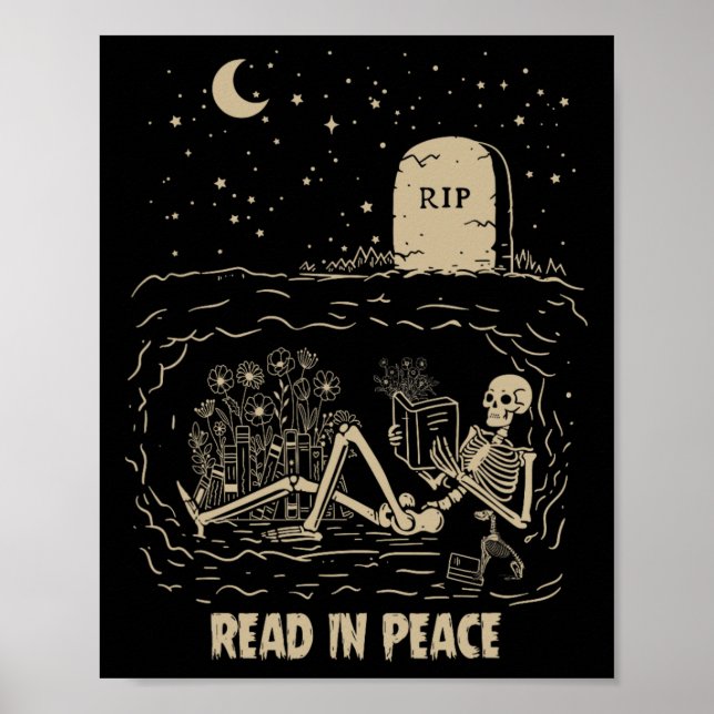 Póster Leer en paz Skeleton Leer libros Graciosos Hallowe (Frente)