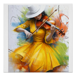 Póster legant Female Violinist Abstract Oil Painting