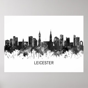 Póster Leicester England Skyline BW