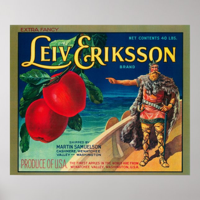 Póster Leiv Eriksson Apple Label - Cashmere, WA (Frente)