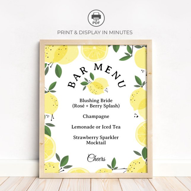 Póster Lemon Cocktail Bar Menu Bridal Shower Sign (Subido por el creador)