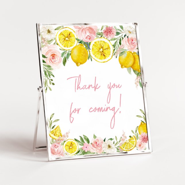 Póster Lemon Floral rosa gracias por venir (Summer Lemon Citrus Baby Shower Thank You for Coming Sign)