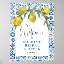 Lemon Mediterranean Blue Tile Bridal Shower Poster