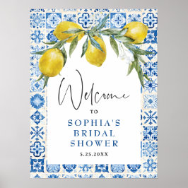 Póster Lemon Mediterranean Blue Tile Bridal Shower Poster