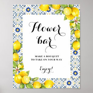 Póster Lemon on blue tiles Flower Bar Sign