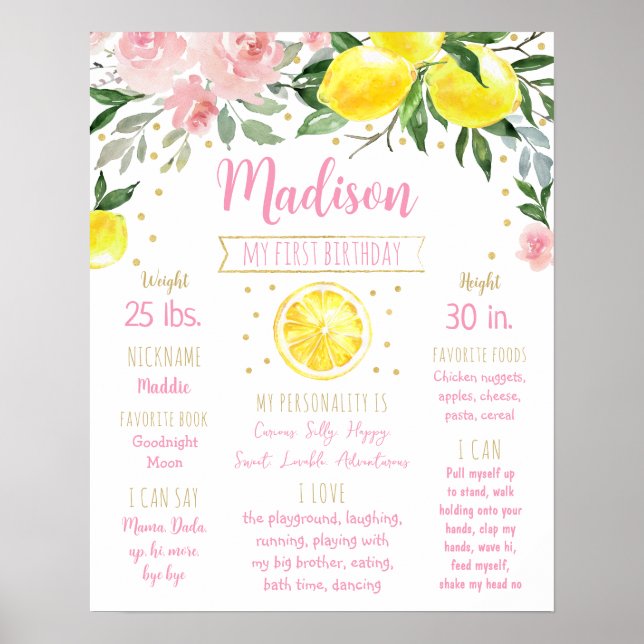 Póster Lemon Pink Gold Floral Primer hito de cumpleaños (Frente)