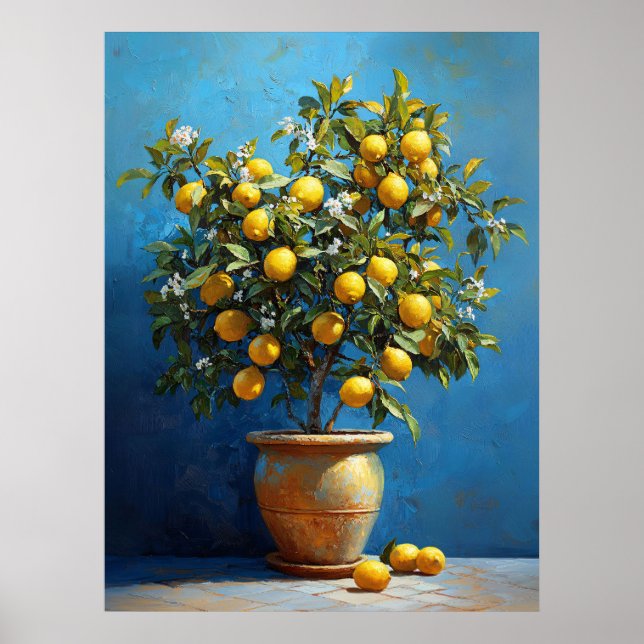 Póster Lemon Tree in Clay Pot with Blossoms (Frente)