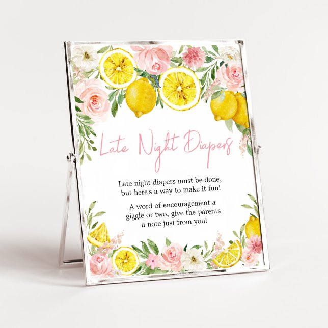 Póster Lémona floral rosa Diapers nocturnos (Summer Lemon Citrus Baby Shower Late Night Diapers Sign)