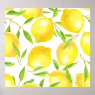 Póster Lemones y hojas de acuarela: patrón.