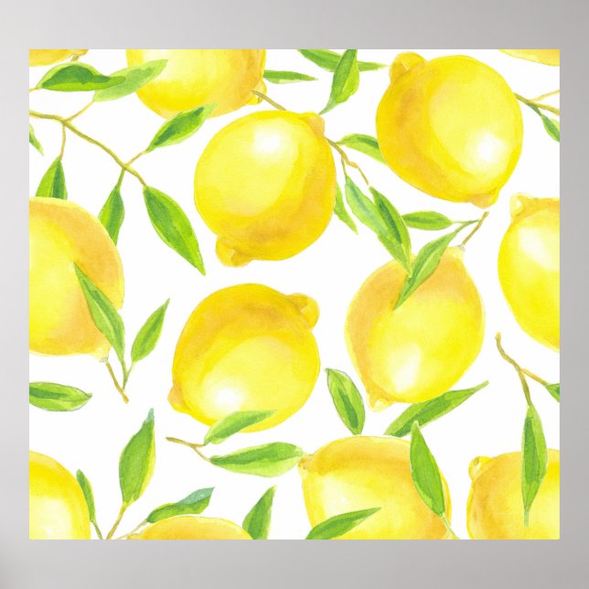 Póster Lemones y hojas de acuarela: patrón. (Frente)
