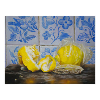 Póster Lemons and Azulejos — Classic Blue & Yellow Still