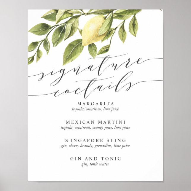 Póster Lemons and Leaves Signature Cocktail Menu Rótulo (Frente)