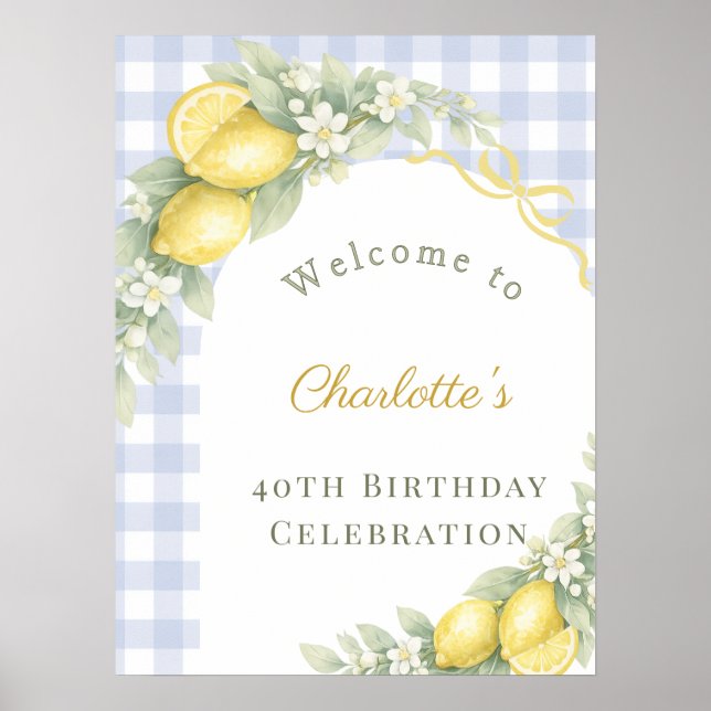 Póster Lemons blue gingham bow garden birthday welcome (Frente)
