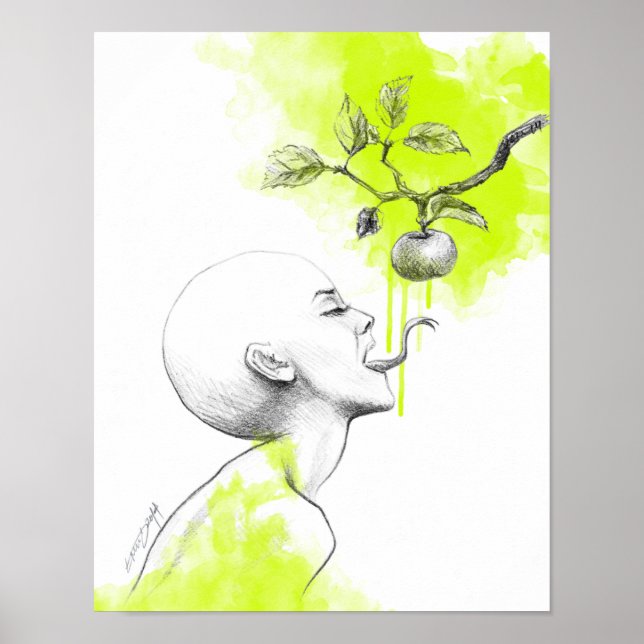Póster Lengua de serpiente Apple Green splash Surreal art (Frente)