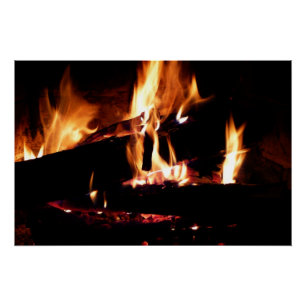 Póster Leños en la chimenea Fotografía de fuego cálido