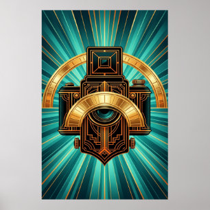Póster Lente de cámara vintage Art Deco dorado y azul ver