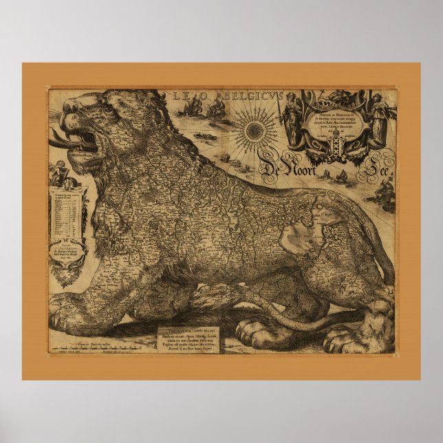 Póster Leo Belgicus, Mapa de la Unión del Benelux (1611) (Frente)