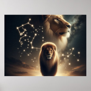 Póster Leo Zodiac Art - León Majestuoso y Constelación.