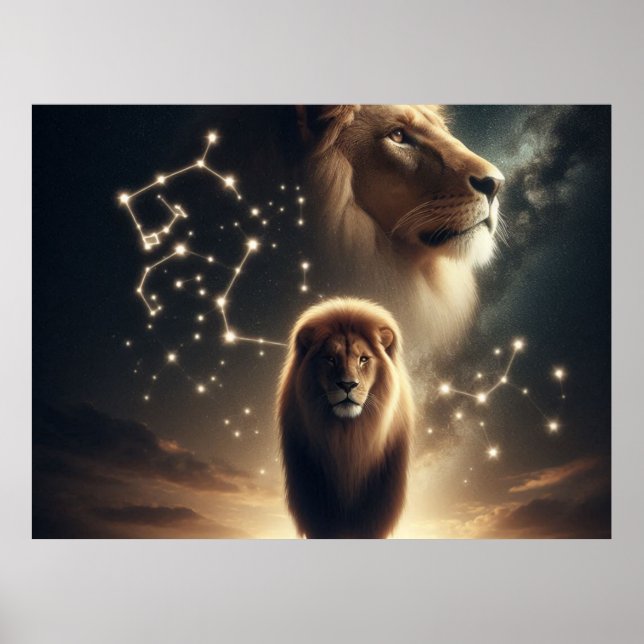 Póster Leo Zodiac Art - León Majestuoso y Constelación. (Frente)
