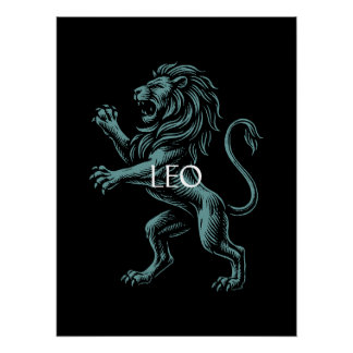 Póster Leo Zodiaco – León Vintage en Verde Azul sobre Neg
