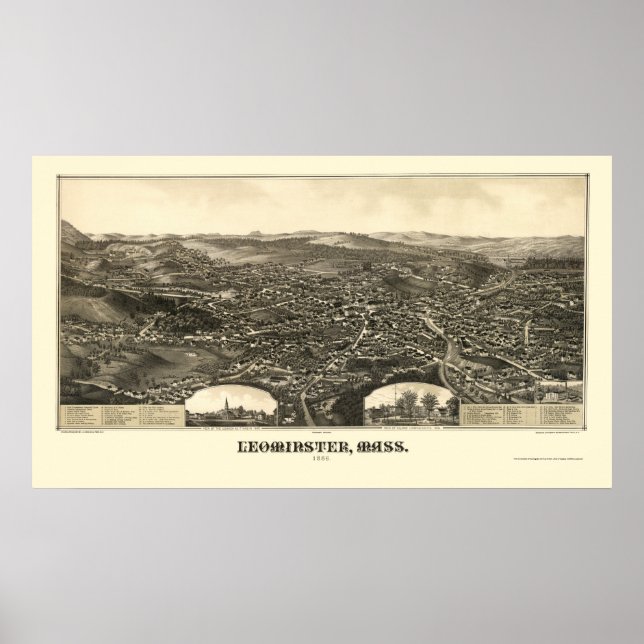 Póster Leominster, MAMÁES Mapa Panorámico - 1886 (Frente)