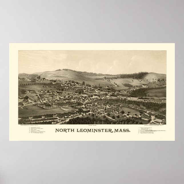 Póster Leominster Norte, MAMÁES Mapa Panorámico - 1887 (Frente)