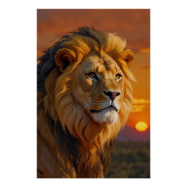 Póster León africano al atardecer