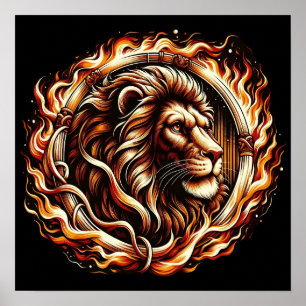 Póster León Ardiente en Llamas del Anillo de Fuego Astrol