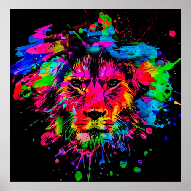 Póster león artístico sobre fondo negro, abstracto, ani (Frente)