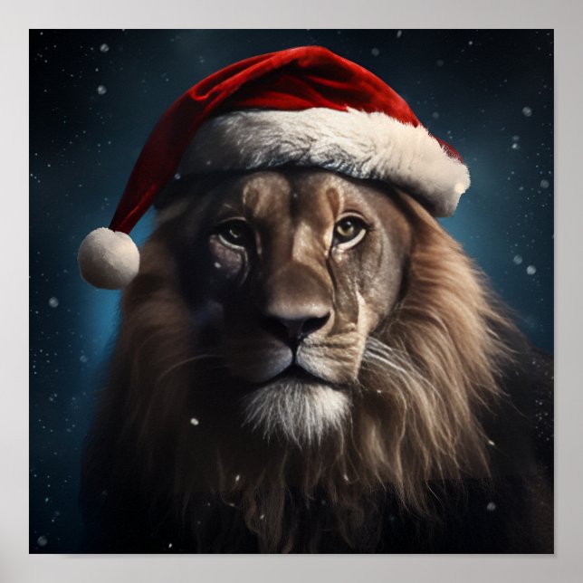 Póster León asombroso con un gorra de Santa Claus (Frente)