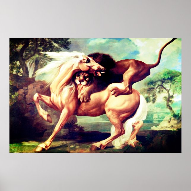 Póster León atacando una pintura de caballos-17620 (Frente)