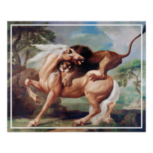 Póster León atacando una pintura de caballos-17620