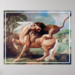 Póster León atacando una pintura de caballos-17620