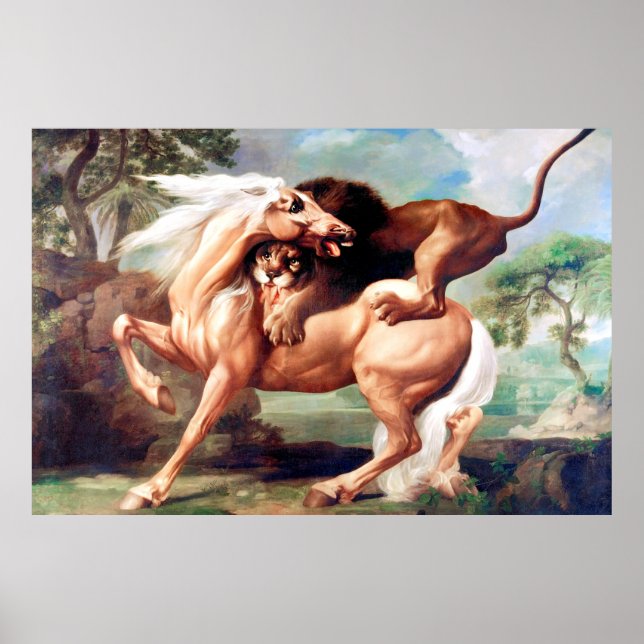 Póster León atacando una pintura de caballos-17620 (Frente)