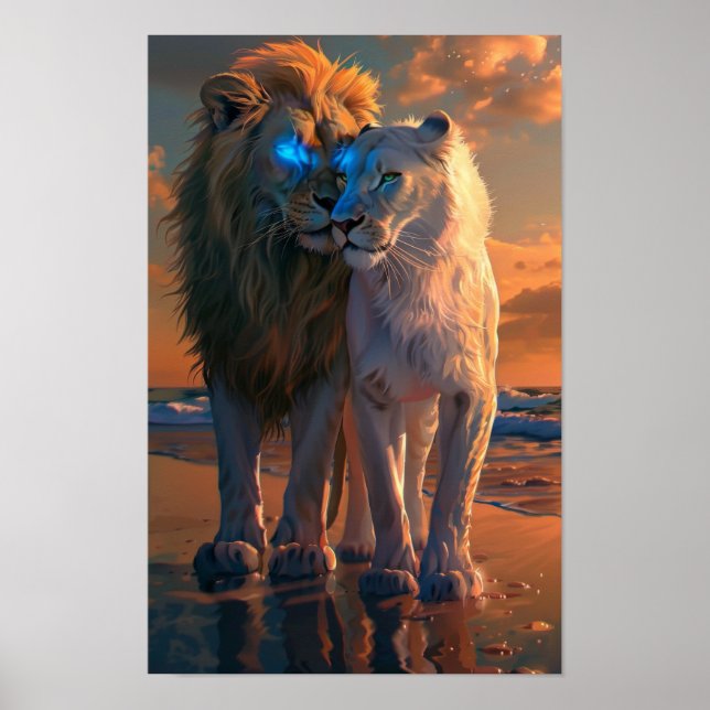 Póster León blanco majestuoso con ojos azules Poster (Frente)
