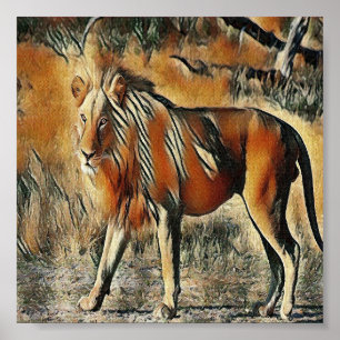 Póster León caminando entre los arbustos