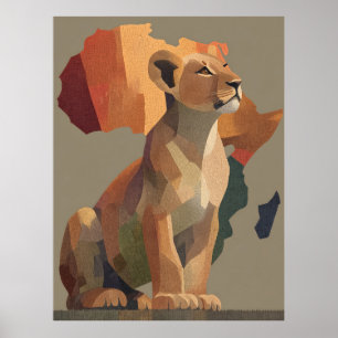 Póster León con mosaico geométrico con mapa de África est