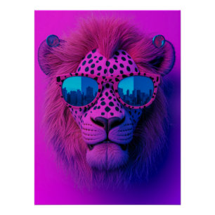 Póster León de arte pop neón que lleva gafas de sol azule