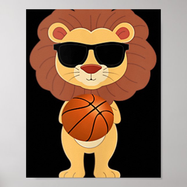 Póster León Divertido con Gafas de Sol Jugando Baloncesto (Frente)